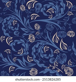 Pattern floral batik print and batik print textile pattern. leaves and flowers,   seamless pattern. Vintage floral batik fabric. Vintage floral seamless pattern with abstract flowers,