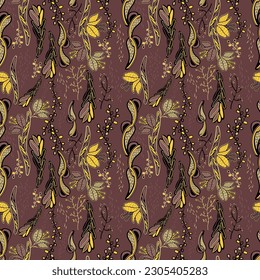 Pattern with floral elements in folklore style. Brown background and yellow flowers. For printing. For background.