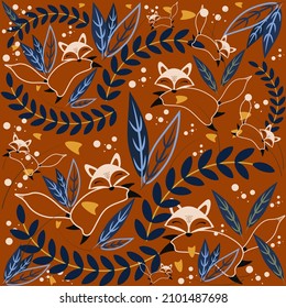 Pattern with floral elements, foxes, plants, branches, trees. 