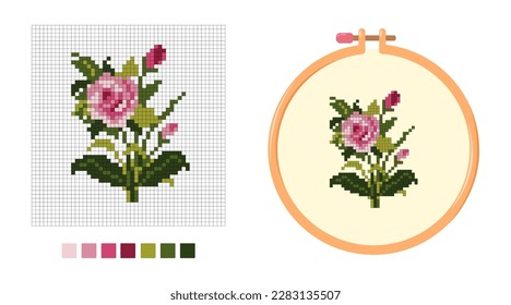 Pattern for floral embroidery. Cross stitch rose. Cartoon flat style. Vector illustration  
