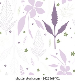 Pattern of floral field plants of the North-Western Caucasus bidens, V. major on a white background, large flowers of lilac, purple and violet foliage. Dusty turquoise small flowers. Seamless Provence