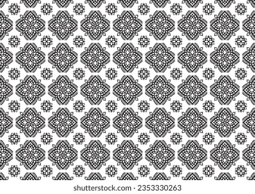 Pattern Floral and Geometric Elements. Seamless Floral Ethnic Pattern. Arabic Indian Motifs Abstract Floral Ornament Thin Line. Vector Wallpaper Background Fabric Paper Black and White Graphic Design