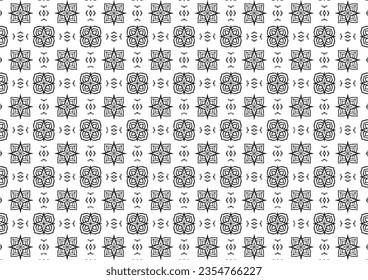Pattern Floral and Geometric Elements. Seamless Floral Ethnic Pattern. Arabic Indian Motifs Abstract Floral Ornament Thin Line. Vector Wallpaper Background Fabric Paper Black and White Graphic Design
