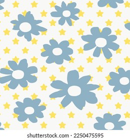 Pattern with floral and geometric stars elements. Intersecting curved and straight ditsy abstract floral ornament. Vector background for design. Seamless Decorative yellow blue Stars with daisy’s