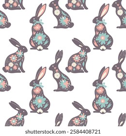 Pattern Floral illustration of a dark brown rabbit, created for Easter. The body of the rabbit is beautifully decorated with many bright, colorful flowers, isolated on a white background, vector