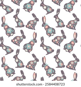 Pattern Floral illustration of a dark brown rabbit, created for Easter. The body of the rabbit is beautifully decorated with many bright, colorful flowers, isolated on a white background, vector