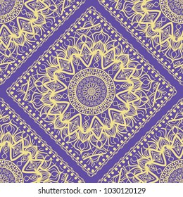 pattern with floral mandala, decorative border. design for print fabric, bandana. Ornamental Vector Background. color