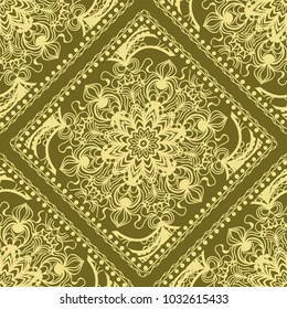 pattern with floral mandala, decorative border. design for print fabric, bandana. Ornamental Vector Background. color