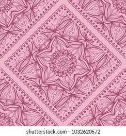 pattern with floral mandala, decorative border. design for print fabric, bandana. Ornamental Vector Background. color