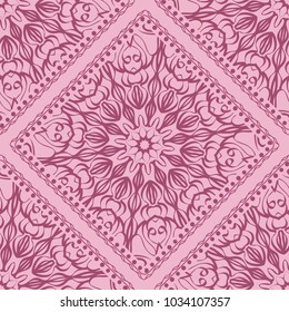 pattern with floral mandala, decorative border. design for print fabric, bandana. Ornamental Vector Background. color