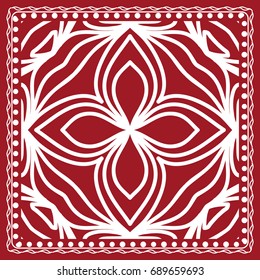 pattern with floral mandala, decorative border. design for print fabric, bandana. Ornamental Vector Background. red color