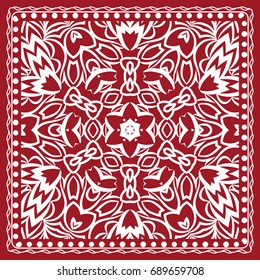 pattern with floral mandala, decorative border. design for print fabric, bandana. Ornamental Vector Background. red color