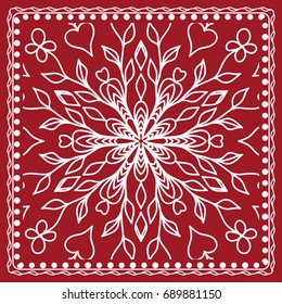 pattern with floral mandala, decorative border. design for print fabric, bandana. Ornamental Vector Background. red color