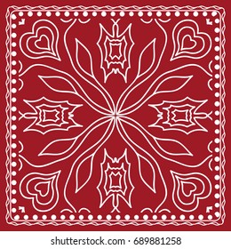 pattern with floral mandala, decorative border. design for print fabric, bandana. Ornamental Vector Background. red color