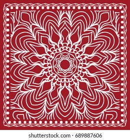 pattern with floral mandala, decorative border. design for print fabric, bandana. Ornamental Vector Background. red color