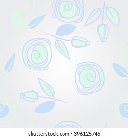 Pattern of floral motif, branches, leaves, rose flowers, spiral, hole, spots. Hand drawn.