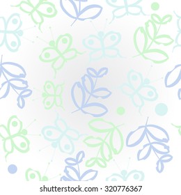 Pattern of  floral motif, butterflies, branches, leaves. Hand drawn.