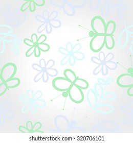 Pattern of  floral motif, butterflies, flowers, branches, leaves. Hand drawn.