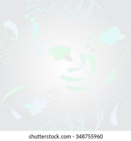 Pattern  of floral motif, doodles, branches, spots,leaves, hole. Hand drawn.