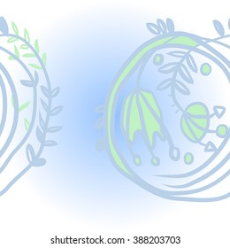 Pattern  of floral motif, doodles, hole, spots, garland, leaves, branches, bell,stamens, copy space. Hand drawn.