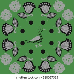 Pattern of floral motifs, bird, halftone.