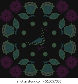 Pattern of floral motifs, bird, halftone.