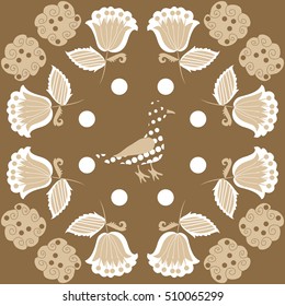 Pattern of floral motifs, bird, halftone.