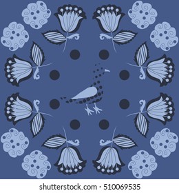 Pattern of floral motifs, bird, halftone.