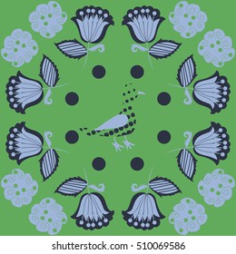 Pattern of floral motifs, bird, halftone.