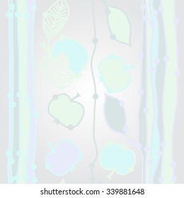 Pattern  of floral motifs, doodles,  apples, leaves, stripes. Hand drawn.