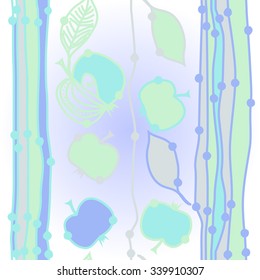 Pattern  of floral motifs, doodles,  apples, leaves, stripes. Hand drawn.