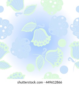    pattern of floral motifs, doodles,  object,leaves, flowers, spirals, stripes,ellipses, bell, spot. Hand drawn.