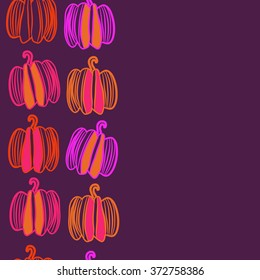 Pattern of floral motifs,  spots, stripes, doodles, pumpkins. Hand drawn, vertical, seamless.