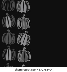Pattern of floral motifs,  spots, stripes, doodles, pumpkins. Hand drawn, vertical, seamless.