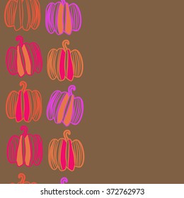 Pattern of floral motifs,  spots, stripes, doodles, pumpkins. Hand drawn, vertical, seamless.