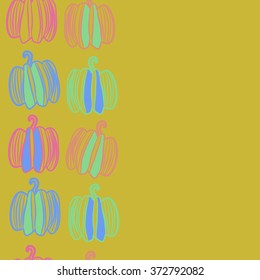 Pattern of floral motifs,  spots, stripes, doodles, pumpkins. Hand drawn, vertical, seamless.