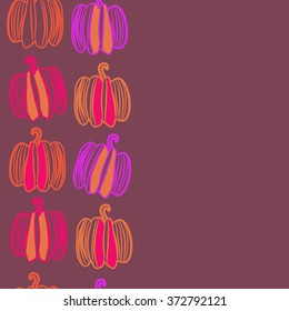 Pattern of floral motifs,  spots, stripes, doodles, pumpkins. Hand drawn, vertical, seamless.