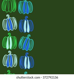 Pattern of floral motifs,  spots, stripes, doodles, pumpkins. Hand drawn, vertical, seamless.