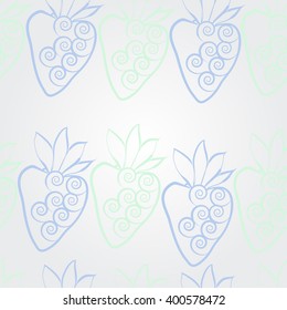 Pattern of floral motif,strawberry, object,leaves, spirals,fruit. Hand drawn.