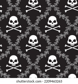 Pattern with floral ornament and skulls.