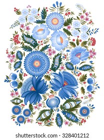 Pattern floral painting. Illustration in Ukrainian traditional folk painting Petrykivka art (Petryakovka painting).