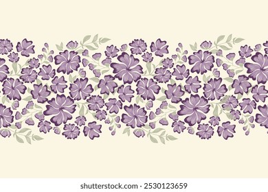 Patrón Floral bordado sin fisuras de fondo púrpura rosa verde hoja flor Antiguas Ilustración vectorial de estilo mínimo. Dibujado a mano