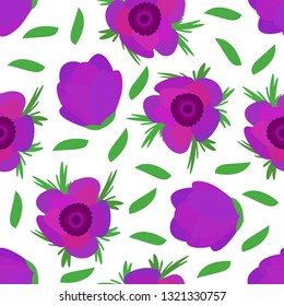 pattern with flower Anemone, pink spring flower with stem and leaves