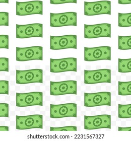 Pattern of Flower banknotes on transparent background with mini doodle (icon) and green color. Vector Illustration