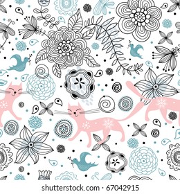 pattern of flower birds and cats