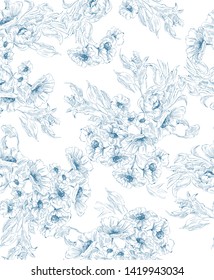 Pattern with flower bouquet in delicate graphic in toile de jouy style , blue on white background