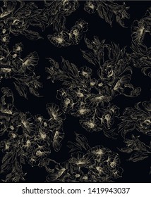 Patrón con ramo de flores en delicado gráfico en estilo de tela de jouy, dorado sobre fondo negro