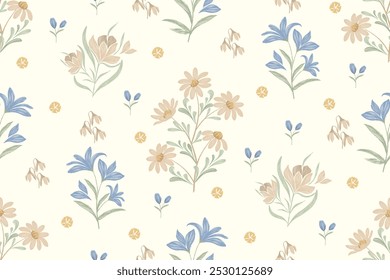 Pattern flower minimal variety blue peach pastel floral wallpaper background border vector illustration