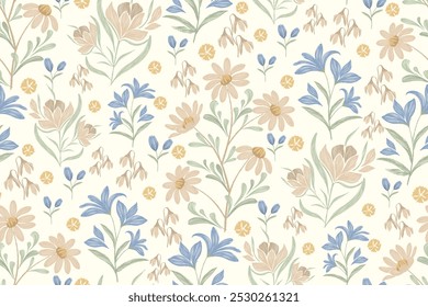 Pattern flower minimal variety blue peach pastel floral wallpaper background border vector illustration