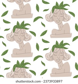 A pattern with a flower pot in the form of a female portrait of an antique Greek sculpture in a modern style. Modern female sculpture, portrait with a plant on her head. Vector illustration on a white